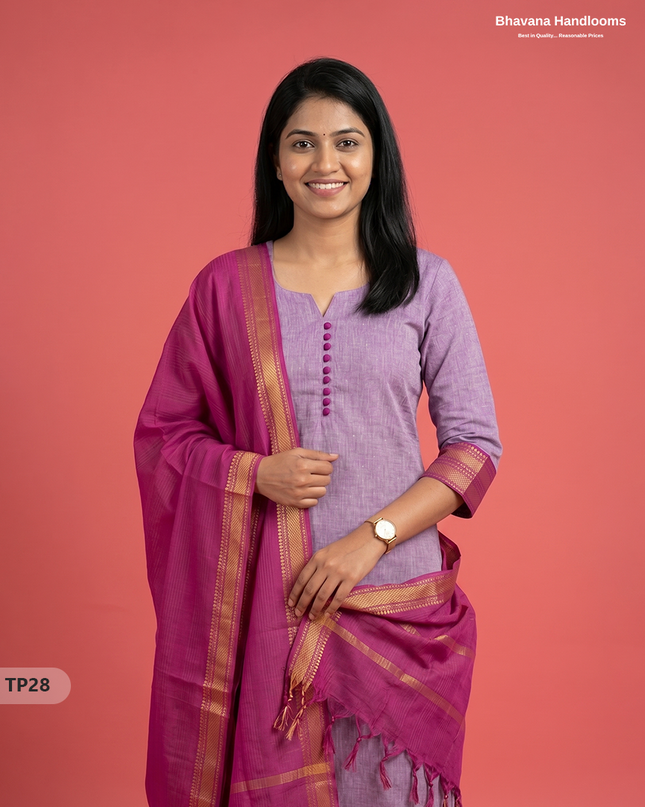 Mangalagiri Cotton 3PC Kurti Set with Potli Balls & Thread Border | Purple & White Double Weave