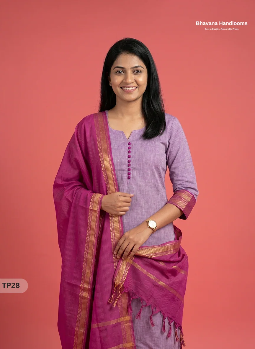 Mangalagiri Cotton 3PC Kurti Set with Potli Balls & Thread Border | Purple & White Double Weave