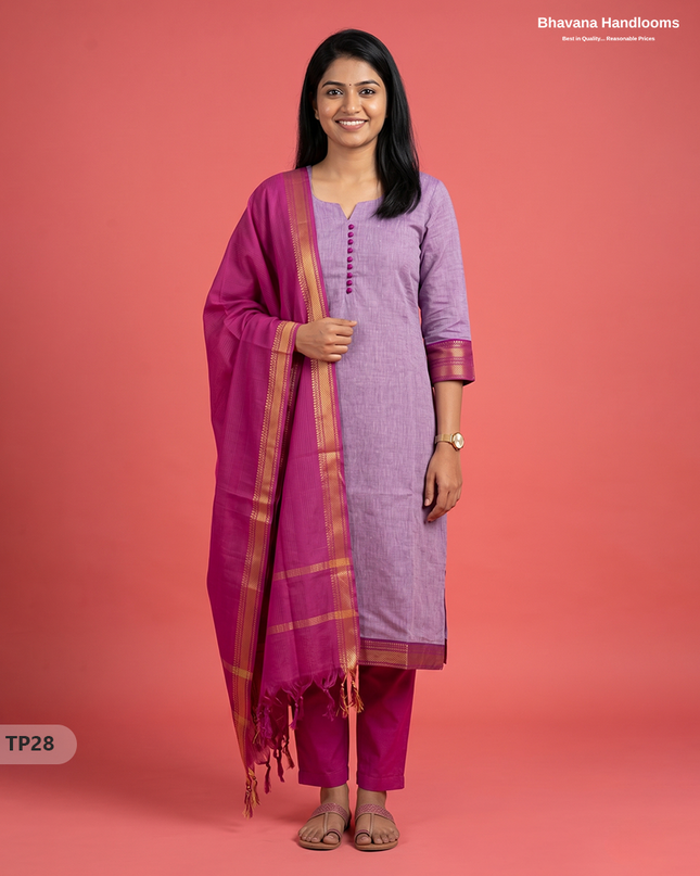 Mangalagiri Cotton 3PC Kurti Set with Potli Balls & Thread Border | Purple & White Double Weave