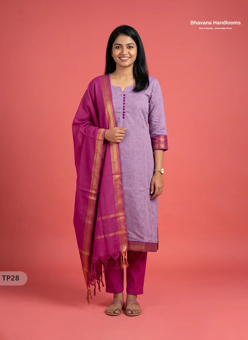 Mangalagiri Cotton 3PC Kurti Set with Potli Balls & Thread Border | Purple & White Double Weave