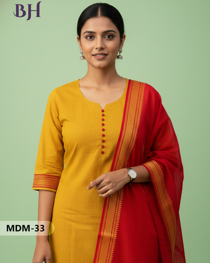 Mangalagiri Cotton 3PC Set – Yellow | Full-Length Lining | Handloom Ethnic Wear