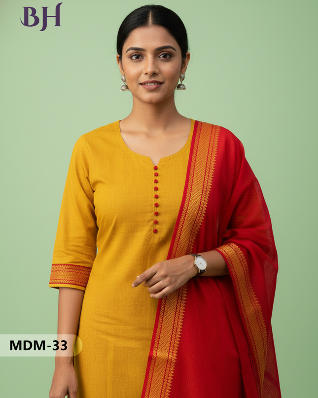 Mangalagiri Cotton 3PC Set – Yellow | Full-Length Lining | Handloom Ethnic Wear