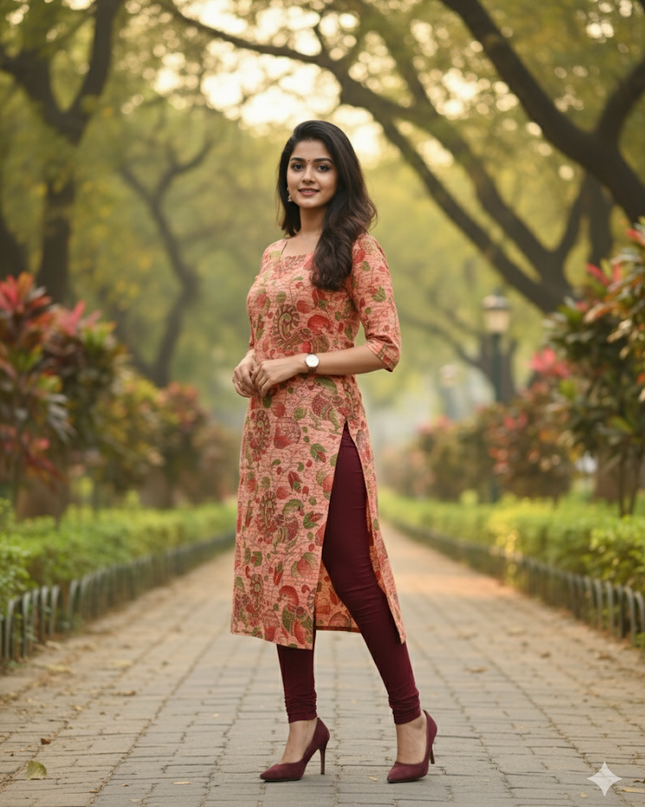Premium Straight Cut Kurti – Peach Colour with Beautiful Floral Print