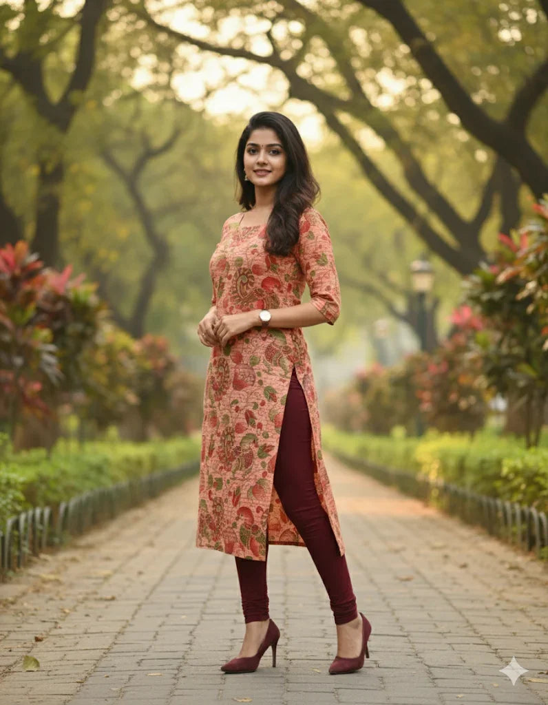 Premium Straight Cut Kurti – Peach Colour with Beautiful Floral Print