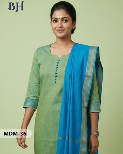 Mangalagiri Cotton 3PC Set – Parrot Green | Full-Length Lining | Handloom Ethnic Wear