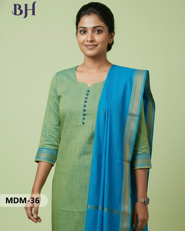 Mangalagiri Cotton 3PC Set – Parrot Green | Full-Length Lining | Handloom Ethnic Wear