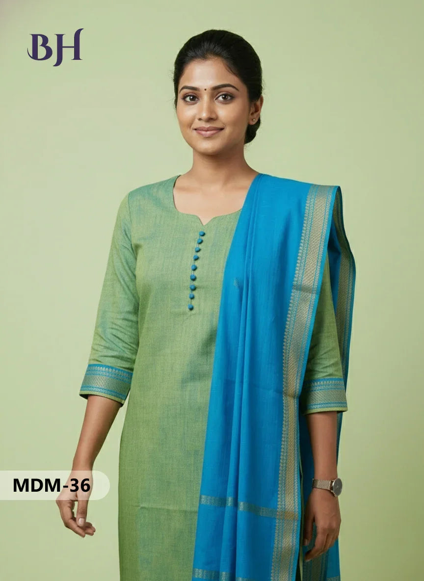 Mangalagiri Cotton 3PC Set – Parrot Green | Full-Length Lining | Handloom Ethnic Wear
