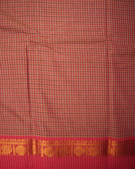 Narayanapet Mercerized Cotton Saree in Warm Rust Brown Checks with Contrast Black Temple Border | Soft Finish & Lightweight Drape