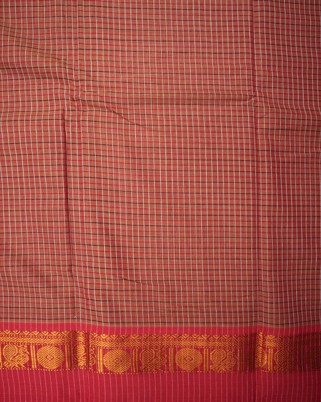 Narayanapet Mercerized Cotton Saree in Warm Rust Brown Checks with Contrast Black Temple Border | Soft Finish & Lightweight Drape