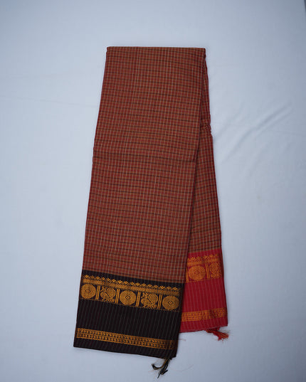Narayanapet Mercerized Cotton Saree in Warm Rust Brown Checks with Contrast Black Temple Border | Soft Finish & Lightweight Drape