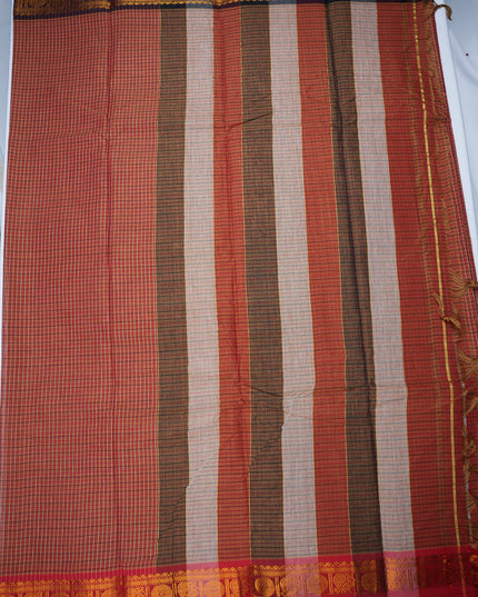 Narayanapet Mercerized Cotton Saree in Warm Rust Brown Checks with Contrast Black Temple Border | Soft Finish & Lightweight Drape