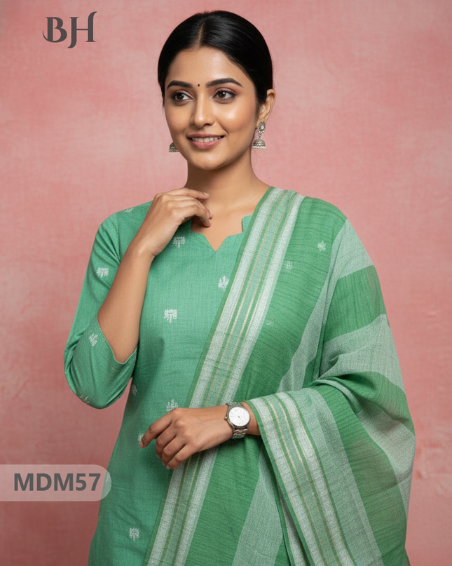 Handloom Jacquard 3pc Suit Set – Green with Pocket, Elastic Bottom & Full Lining