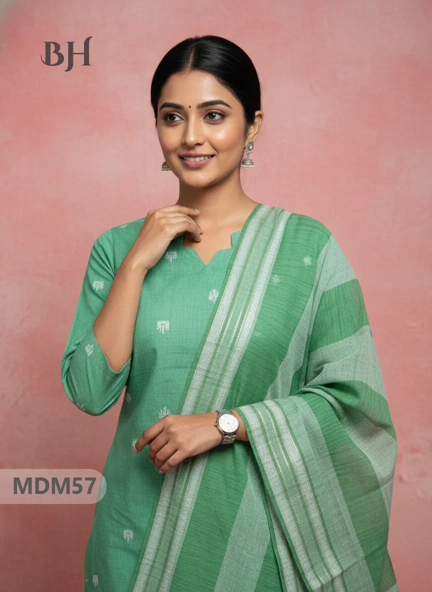 Handloom Jacquard 3pc Suit Set – Green with Pocket, Elastic Bottom & Full Lining