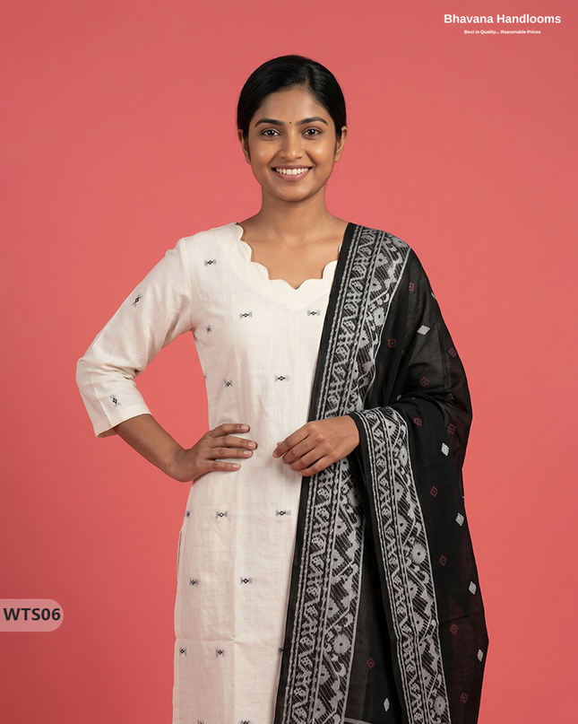 Stylish Handloom Jacquard 3PC Kurti Set with Printed Dupatta & Half White Kurti