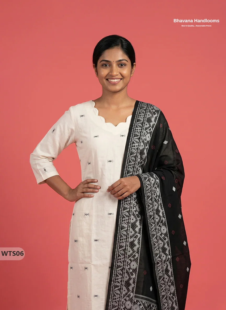 Stylish Handloom Jacquard 3PC Kurti Set with Printed Dupatta & Half White Kurti
