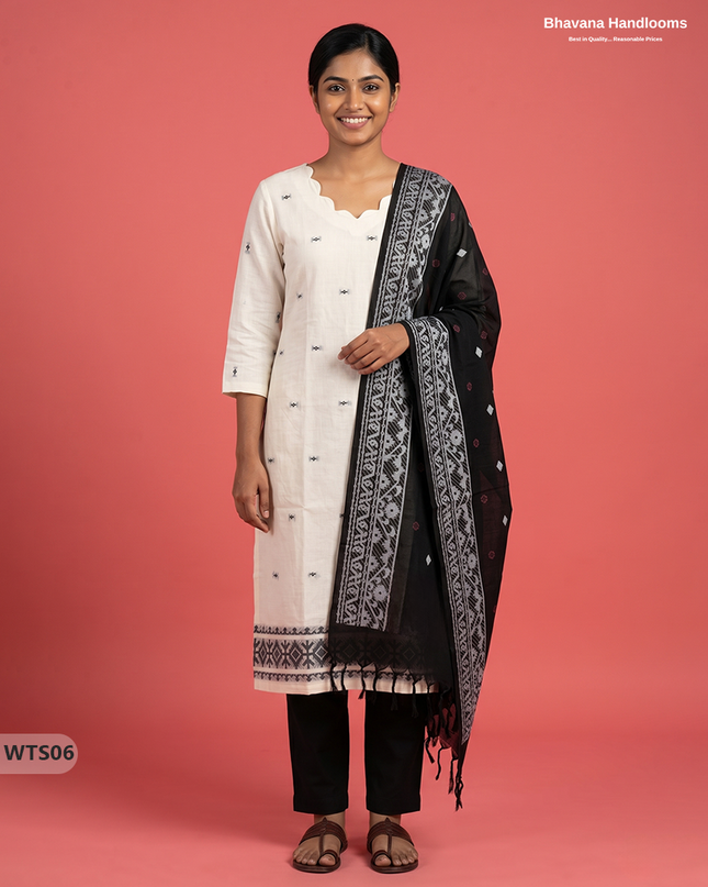 Stylish Handloom Jacquard 3PC Kurti Set with Printed Dupatta & Half White Kurti