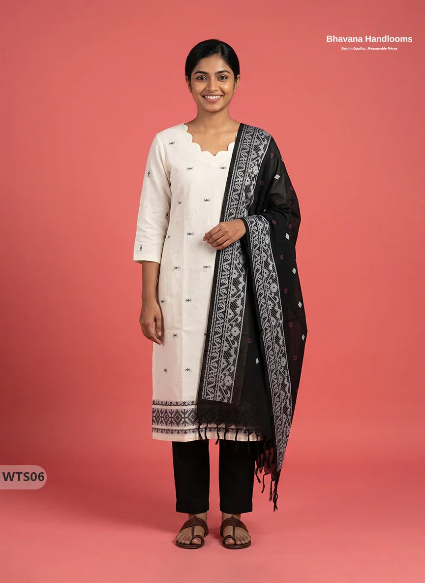 Stylish Handloom Jacquard 3PC Kurti Set with Printed Dupatta & Half White Kurti