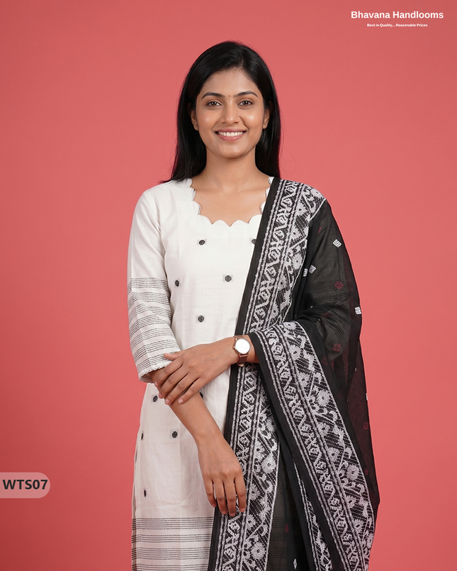 Stylish Handloom Jacquard 3PC Kurti Set with Printed Dupatta & Half White Kurti