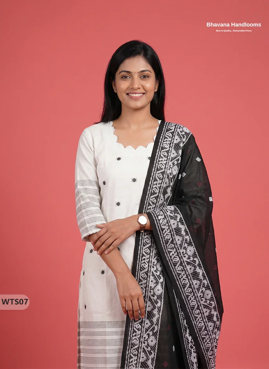 Stylish Handloom Jacquard 3PC Kurti Set with Printed Dupatta & Half White Kurti