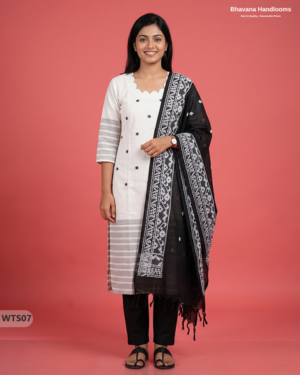 Stylish Handloom Jacquard 3PC Kurti Set with Printed Dupatta & Half White Kurti
