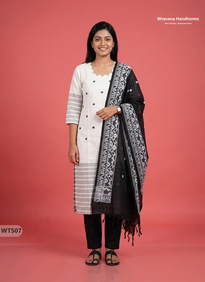 Stylish Handloom Jacquard 3PC Kurti Set with Printed Dupatta & Half White Kurti