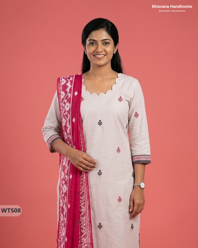 Stylish Handloom Jacquard 3PC Kurti Set with Printed Dupatta & Half White Kurti