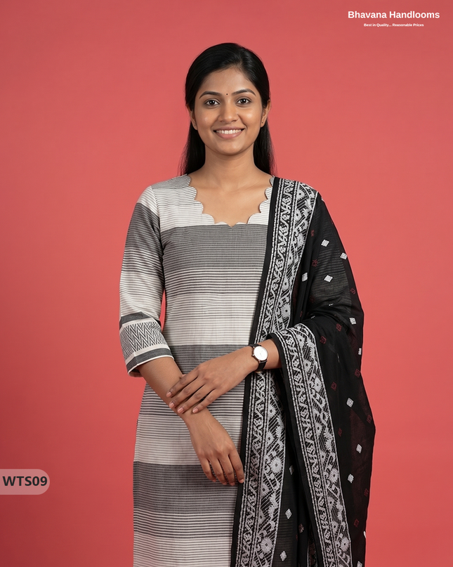 Stylish Handloom Jacquard 3PC Kurti Set with Printed Dupatta & Half White Kurti