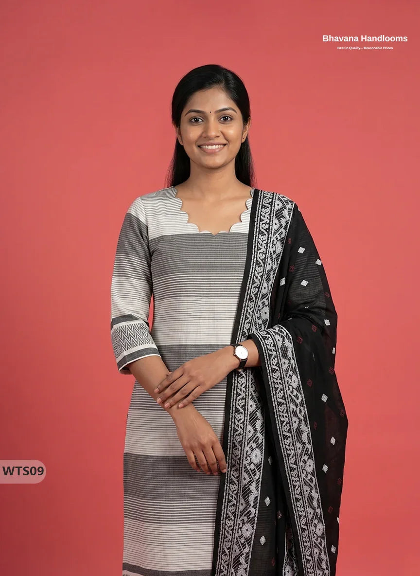 Stylish Handloom Jacquard 3PC Kurti Set with Printed Dupatta & Half White Kurti