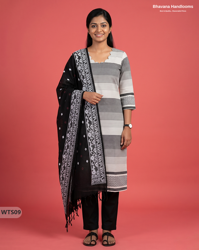Stylish Handloom Jacquard 3PC Kurti Set with Printed Dupatta & Half White Kurti