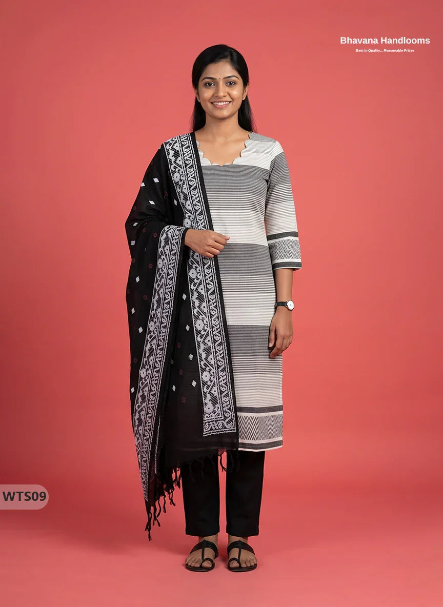 Stylish Handloom Jacquard 3PC Kurti Set with Printed Dupatta & Half White Kurti