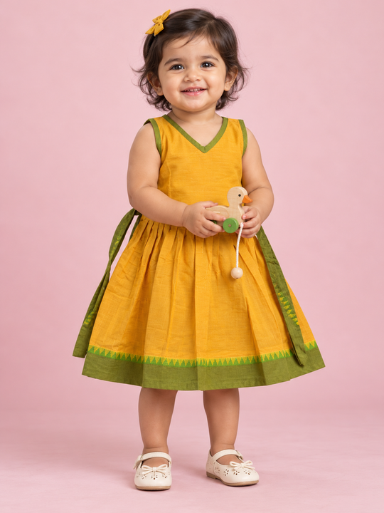 Yellow & Green Temple Border Baby Frock for Girls – 1 to 3 Years – photo 1