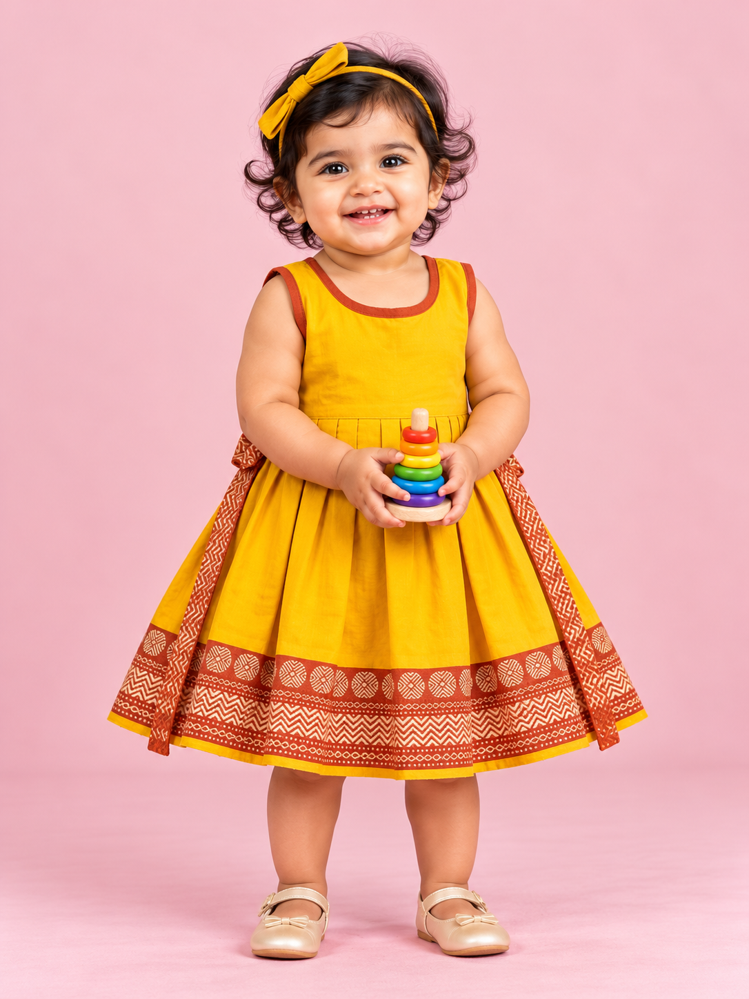 Yellow & Rust Border Baby Frock for Girls – 1 to 3 Years – photo 1